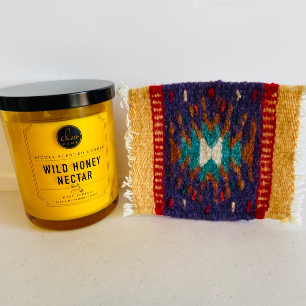 NWT "DW HOME" DOUBLE WICK  WILD HONEY NECTAR CANDLE + WOVEN TRIBAL WOOL COASTER